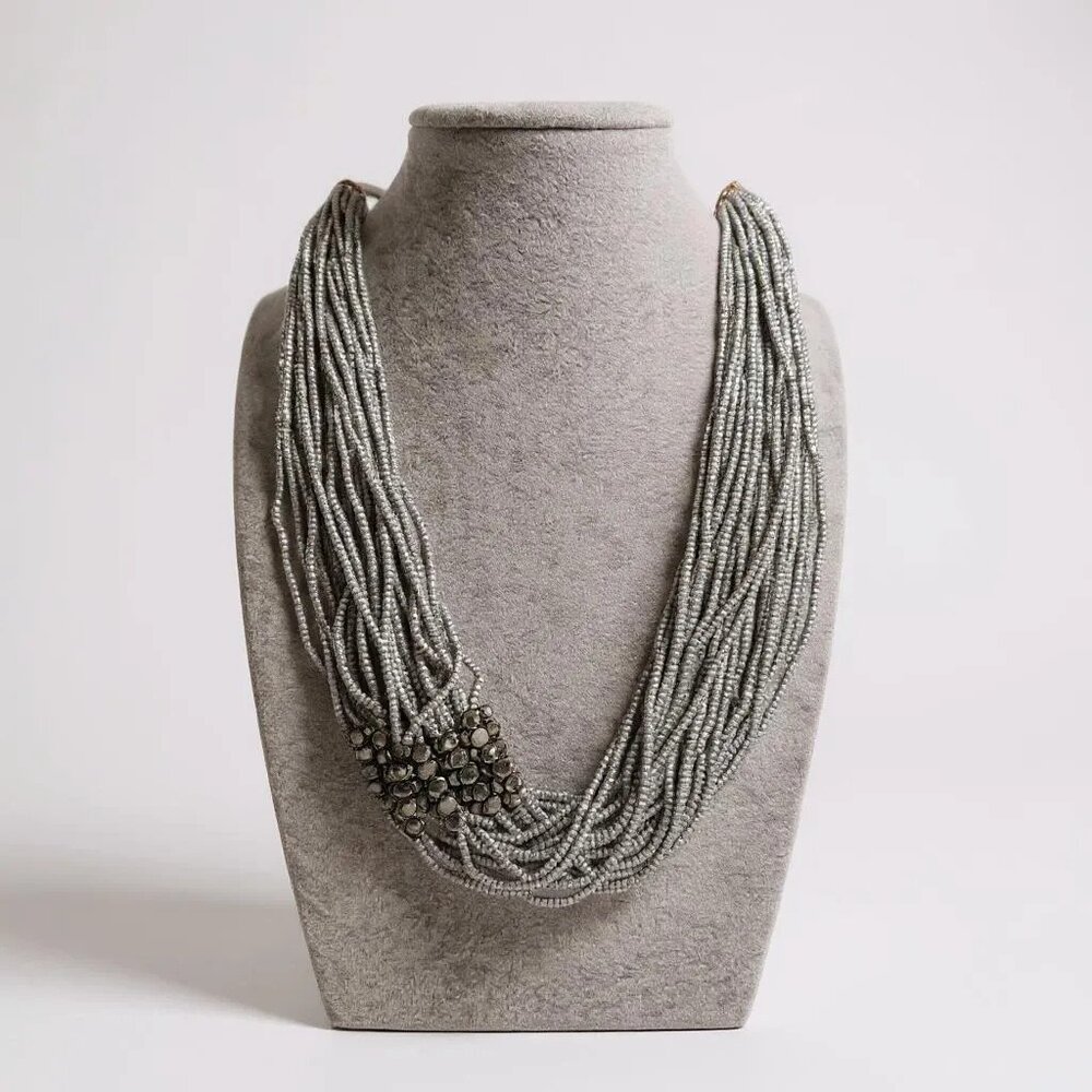 Multi Strand Silver Grey Glass seed Bead And faceted Glass Bead Necklace